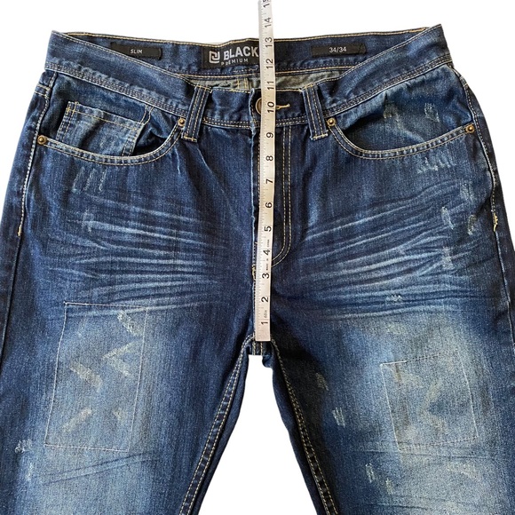 CJ Black Premium Patchwork Distressed Straight Slim Dark Wash Jeans Size 34 x 34 - Picture 10 of 14